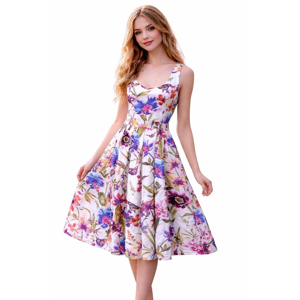 LDT White Floral Butterfly Whimsy Fairy Garden Chic Fit Flare Dress‎ Size 0